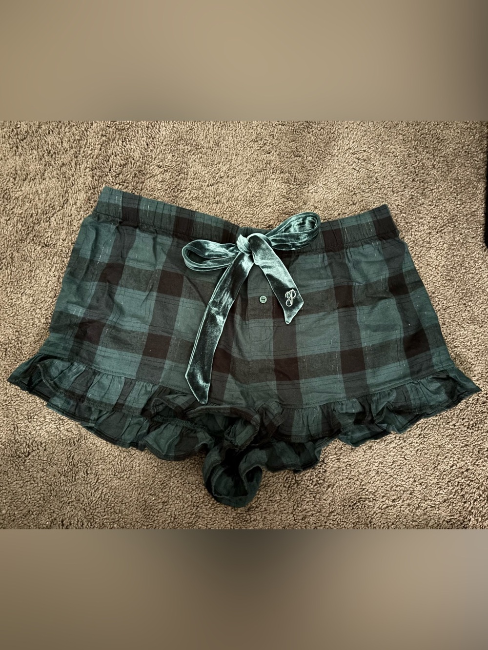PINK Victoria's Secret Christmas Black/ Dark Green Metallic Plaid Sleep Shorts